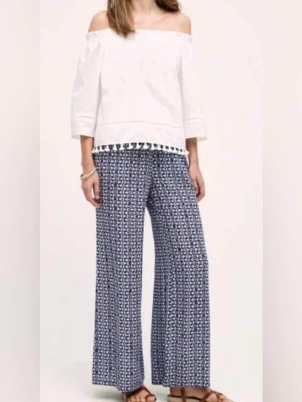 Anthropologie Hei-Hei Wide-Leg Palazzo Pants in Navy & White.